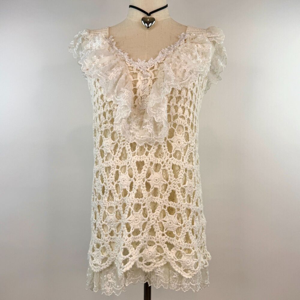 Ivory Lace Sleeveless Blouse Ruffled Chiffon Collar Romantic Whimsical Fairy L